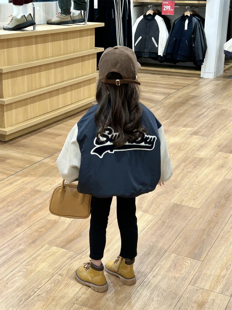 Bmy2023wt 秋冬款棒球服韩版女童装休闲宽松贴标拼接防风外套套装
