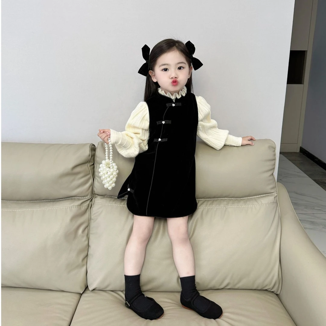 Bmy2023wt 冬季韩版女童装中国风复古丝绒盘扣旗袍冬款裙子套装