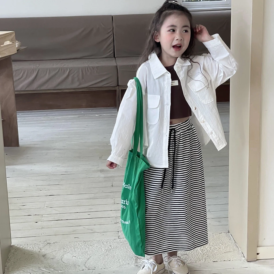 Bmy2024sp 春秋时尚女童外套字母短款背心条纹半身A字裙长裙套装