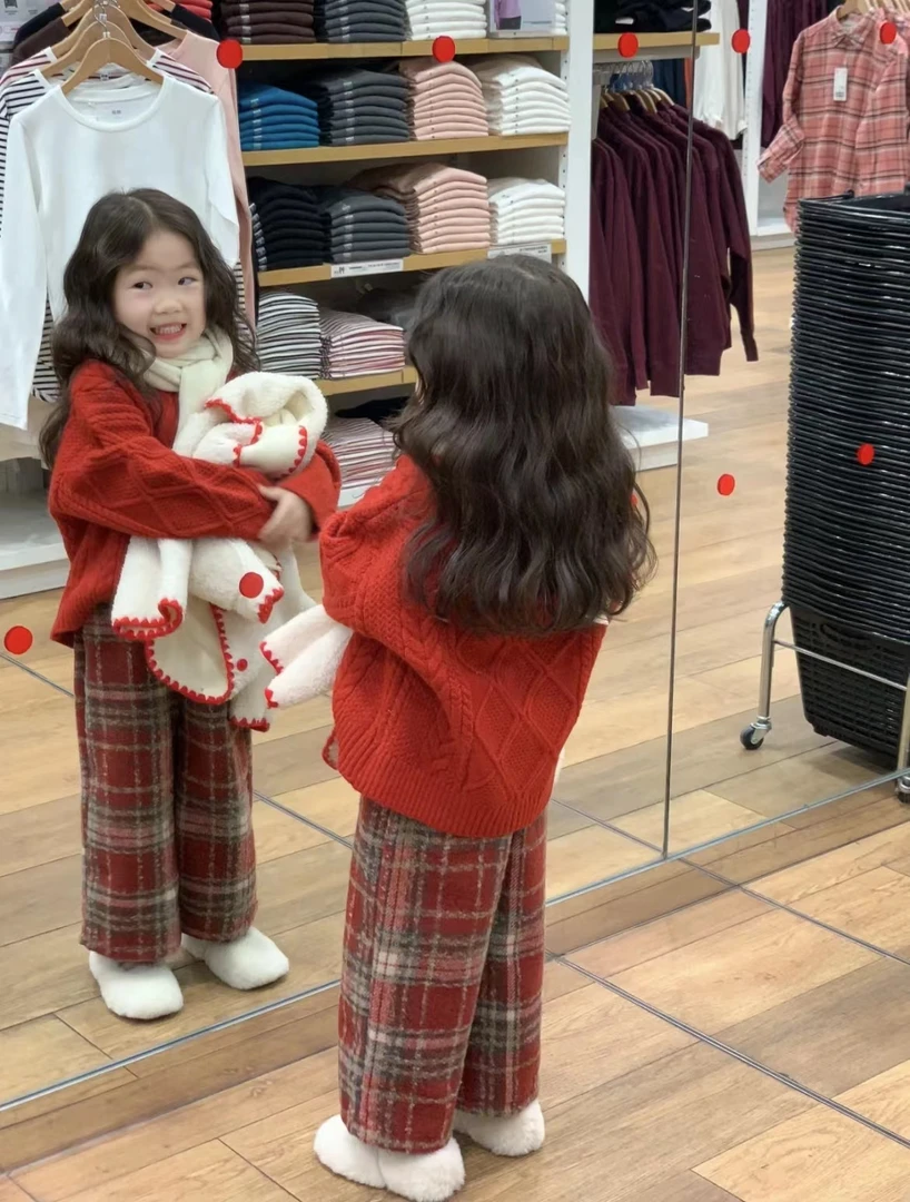 Bmy2023wt 秋冬款韩版女童网红款圣诞新年款毛衣加绒格子裤套装