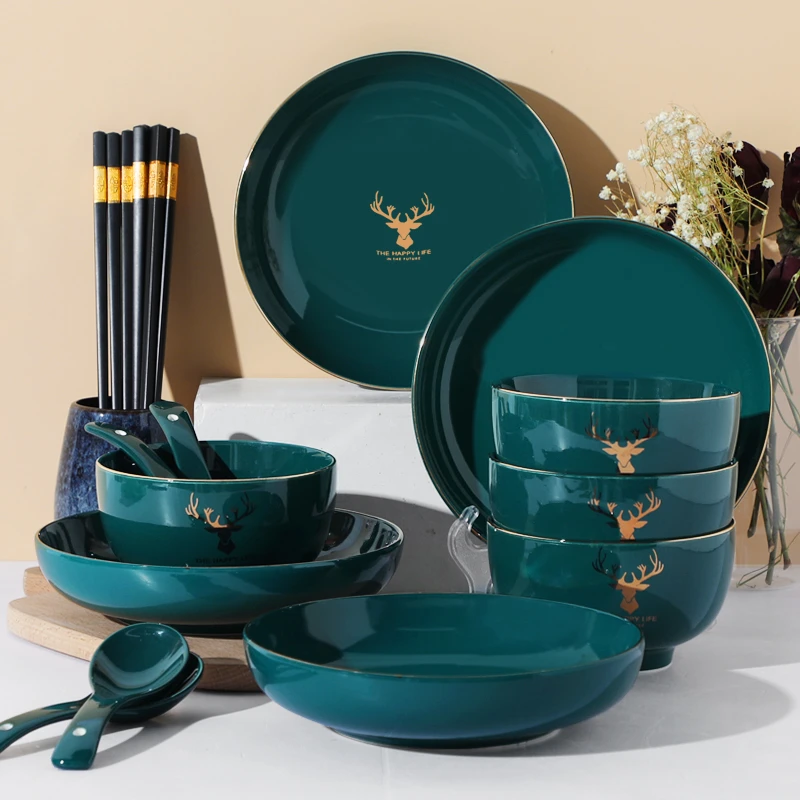 【怀瑾陶瓷】孔雀绿小鹿4碗4盘送4勺4筷轻奢北欧陶瓷餐具金边骨瓷