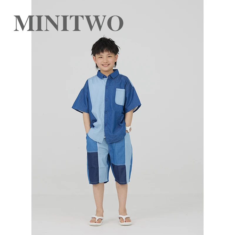 MT原创童装日系男童短袖衬衫套装撞色拼接度假海边儿童短裤五分裤