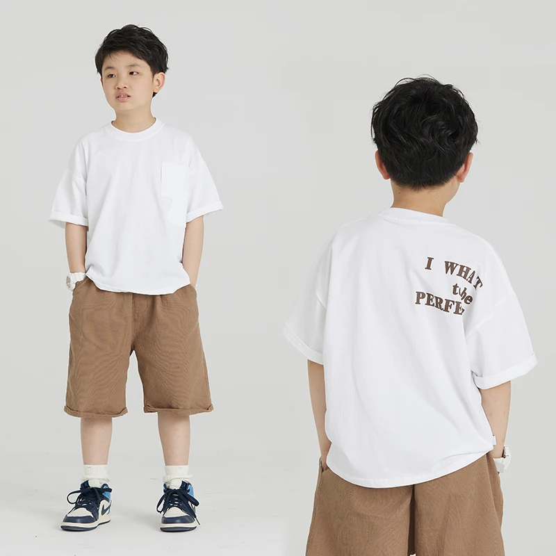 MT原创童装日系男童短袖t恤白色双口袋印花儿童夏季新款上衣百搭