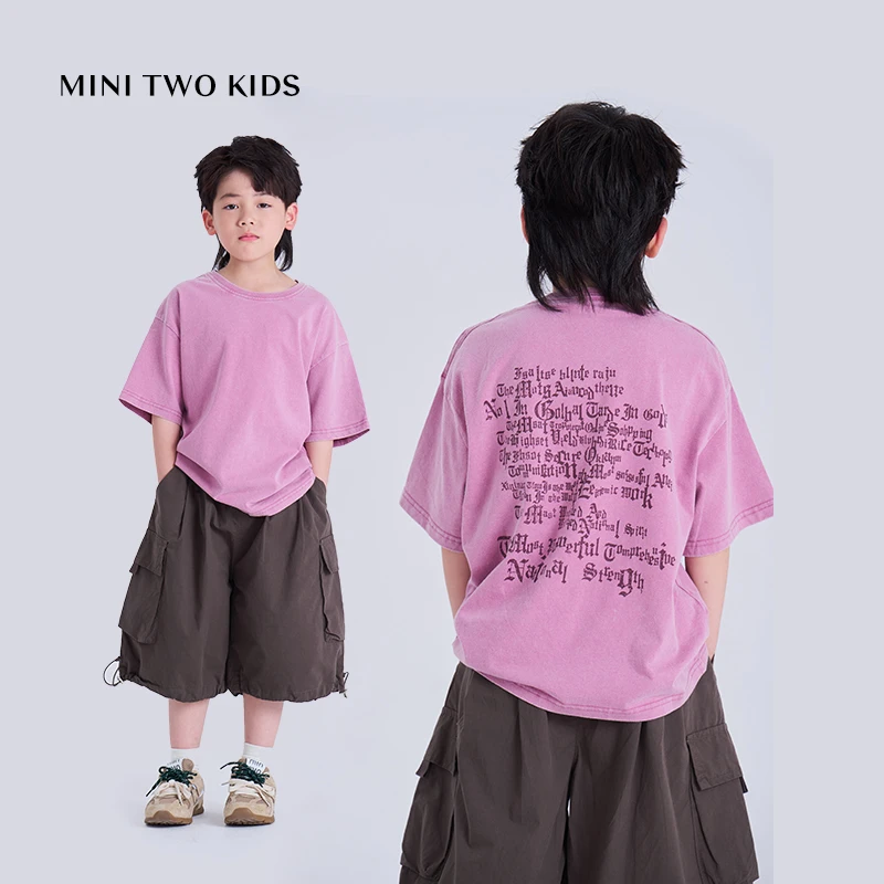 MT原创童装日系男童短袖t恤洗水做旧后背印花夏季新款半袖中大童