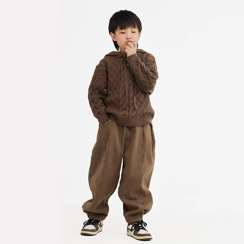 MT原创童装日系男童咖色连帽毛衣儿童针织开衫秋冬款中性帽衫外套