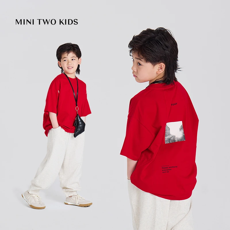 MT原创童装日系男童短袖t恤中国红印花儿童炸街半袖喜庆中大童潮