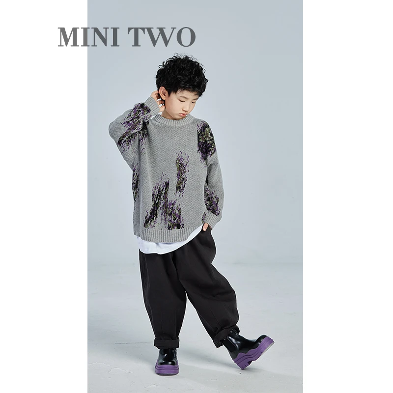 MT原创童装日系男童紫花毛衣儿童秋冬款套头针织衫中大童炸街时髦