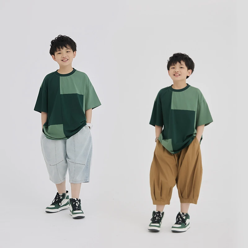 MT原创童装日系男童短袖t恤撞色拼接儿童夏季新款上衣百搭中大童