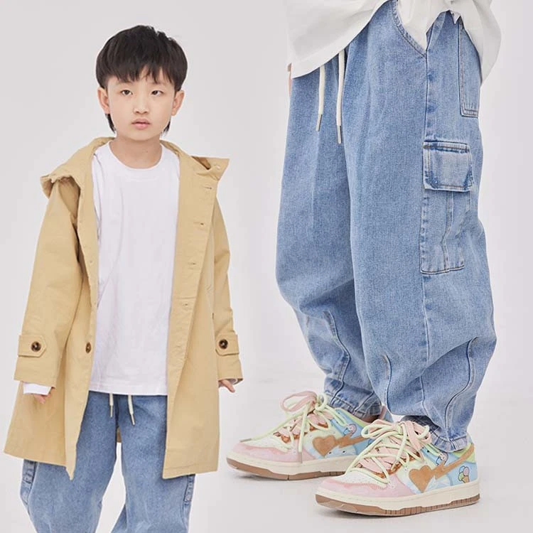 MT原创童装日系男童浅蓝色水洗小脚牛仔裤儿童秋冬装中大童长裤潮