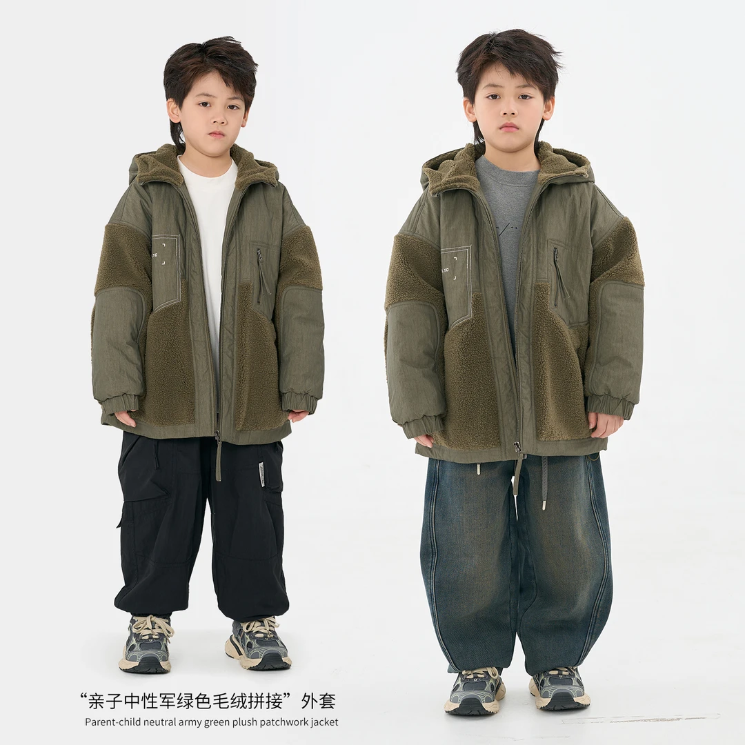 MT原创童装日系男童亲子中性军绿色毛绒拼接外套秋冬装连帽中大童