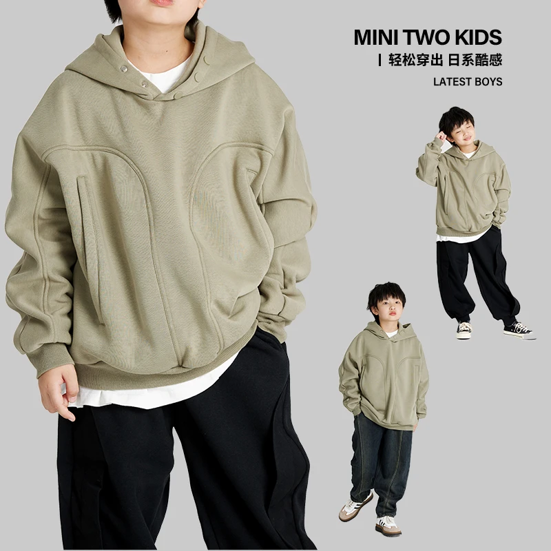 MT原创童装日系男童加绒卫衣秋冬款一体绒帽衫儿童宽松休闲中大童