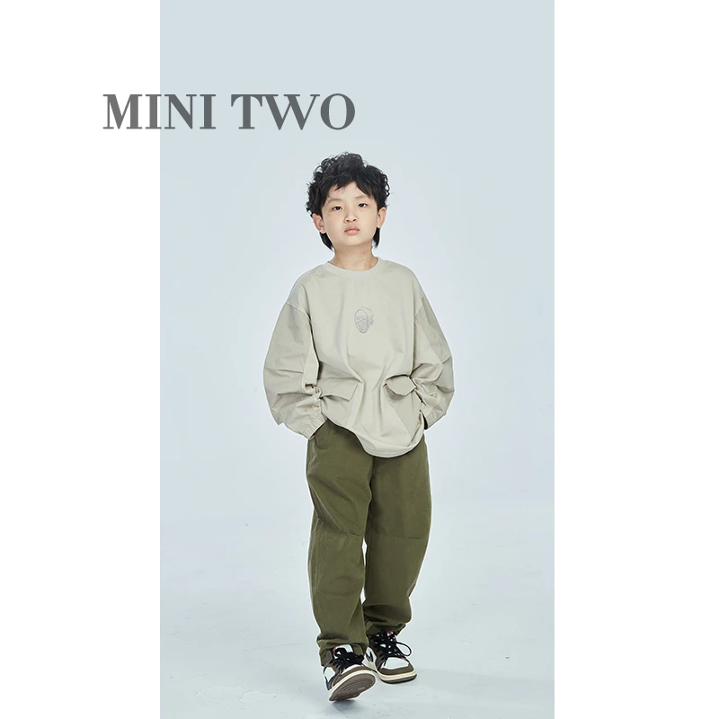 MT原创童装日系男童春秋杏色人脸印花长袖T恤儿童双口袋拼接卫衣