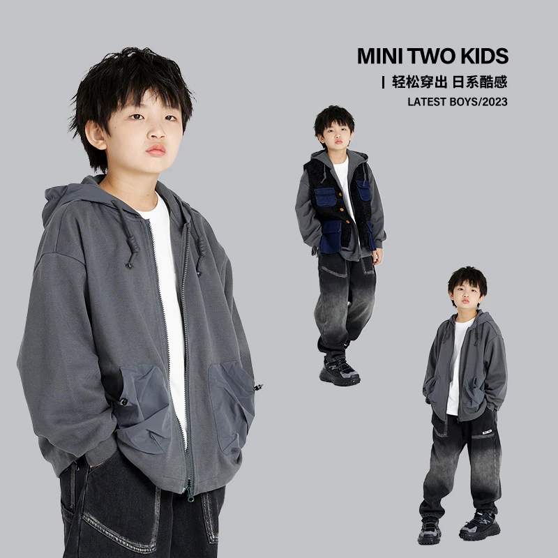 MT原创童装日系男童连帽拉链卫衣撞色拼接帽衫儿童体闲外套中大童