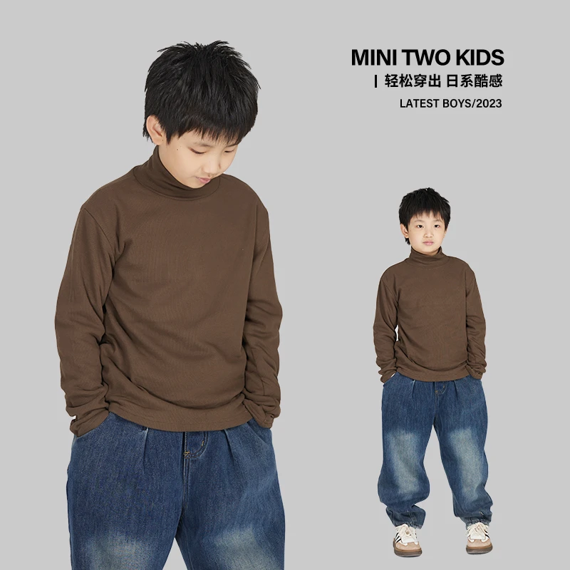 MT原创童装日系男童高领打底衫套头长袖T恤纯色秋冬装经典款百搭