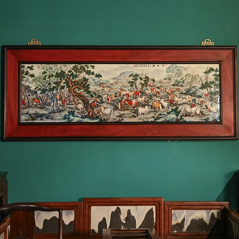 民国 红木镶珐琅彩百骏图瓷板画大挂屏 中式古典家居摆件挂屏