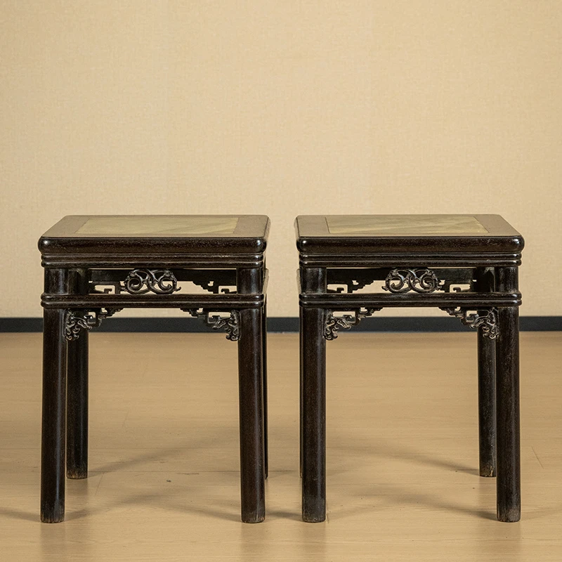 清代紫檀嵌绿石劈料裹腿透雕螭龙纹方凳（一对）小叶紫檀古董凳子