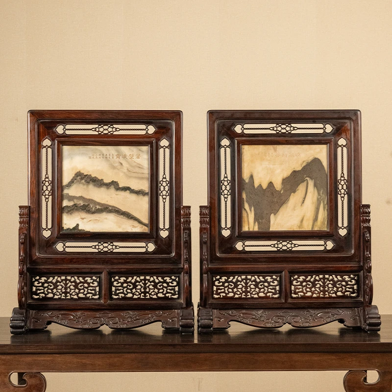 清代 红木镶云石透雕绳纹案屏（一对） 古董家具