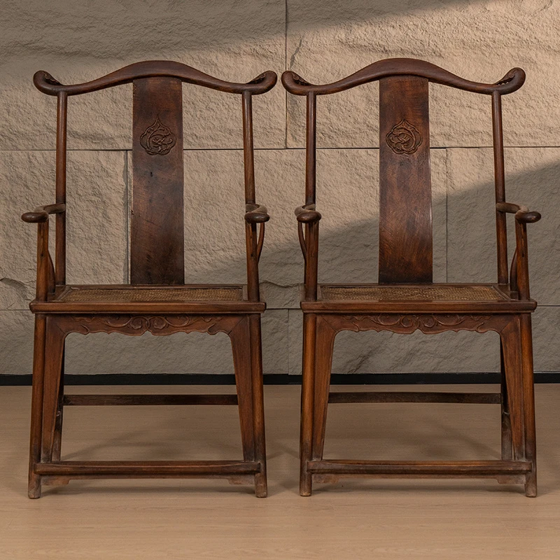 清早期黄花梨螭龙纹透雕卷草四出头官帽椅（一对）明清家具收藏