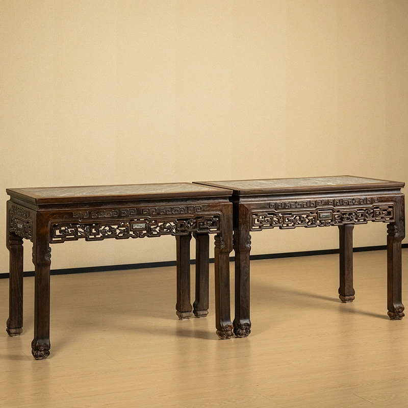 清中期 红木镶云石透雕拐子纹供桌（一对） 古董家具