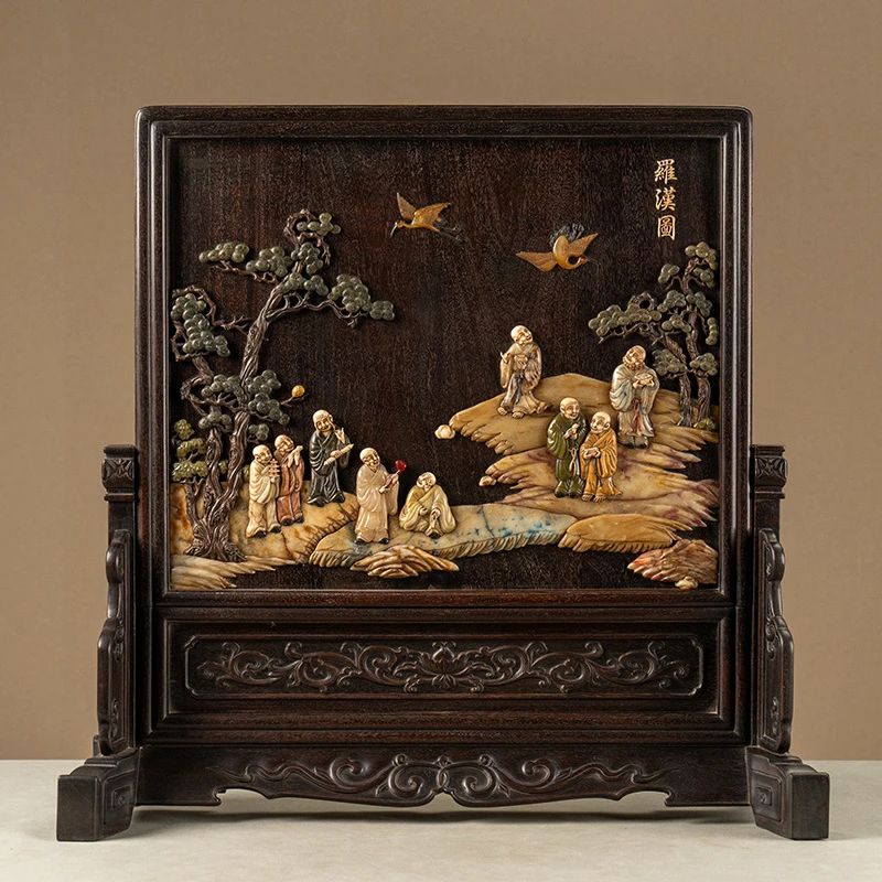 清代 紫檀百宝嵌罗汉图插屏文玩古董收藏客厅办公室屏风桌面摆件