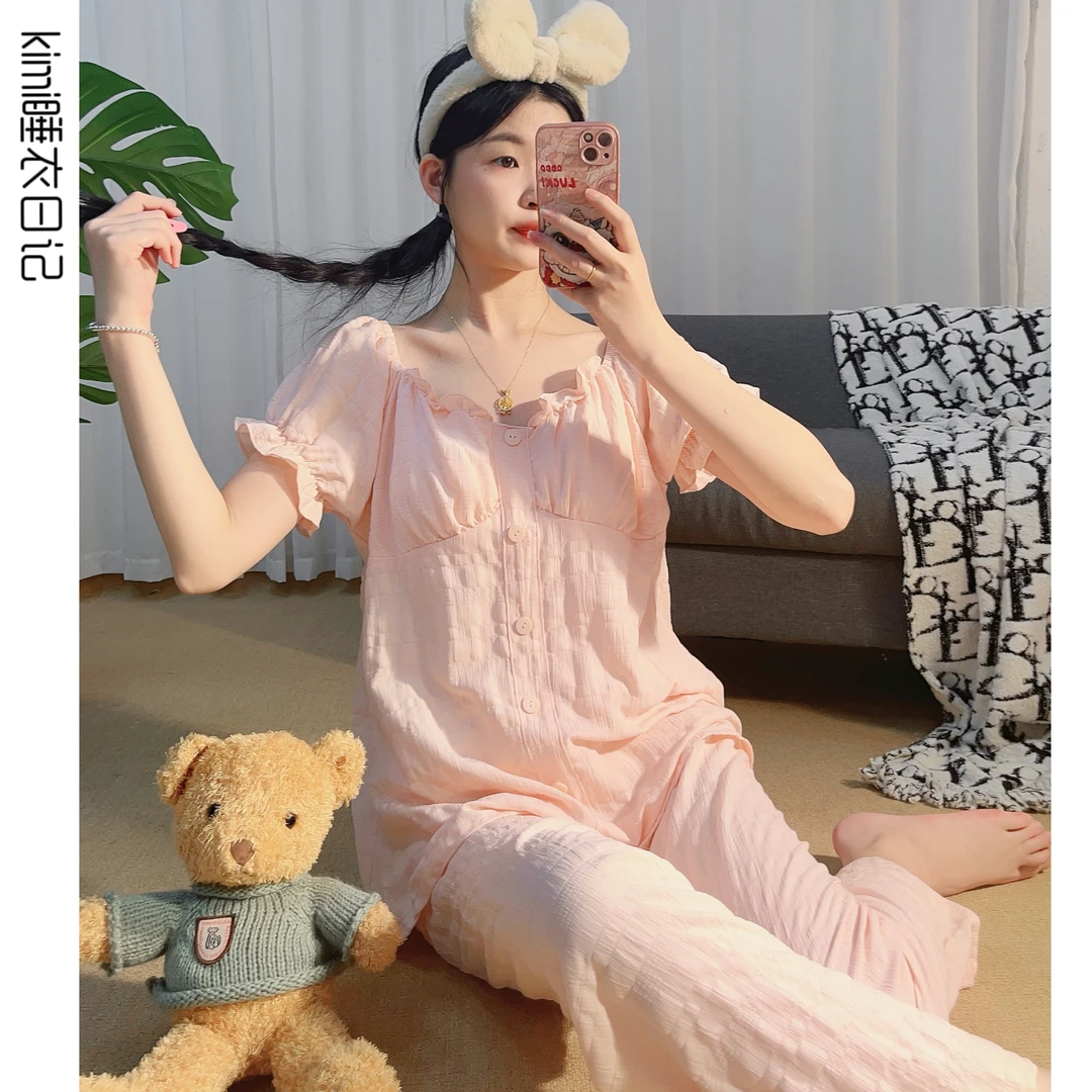 《波斯密语》三件套(胸垫版）夏轻薄透气款梭织提花泡泡棉纱睡衣