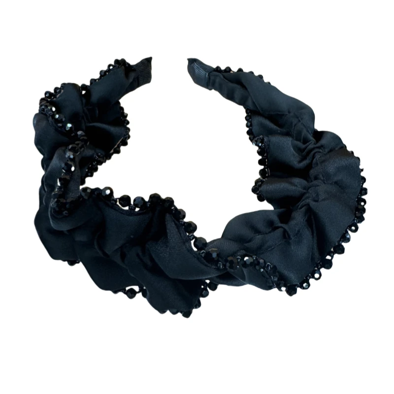 黑色高级感串珠褶皱发箍高颅顶显脸小法式发饰气质网红时尚复古