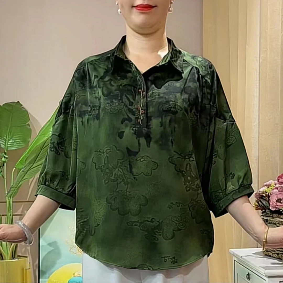 895妈妈装夏季洋气衬衫夏季新款中老年女装大码翻领宽松衬衫