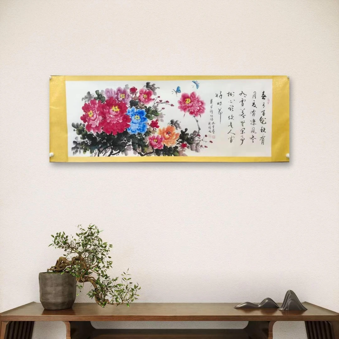 徐国柱张术云-45手绘国画-合作蓝花牡丹-小六-软装裱-办公室挂画