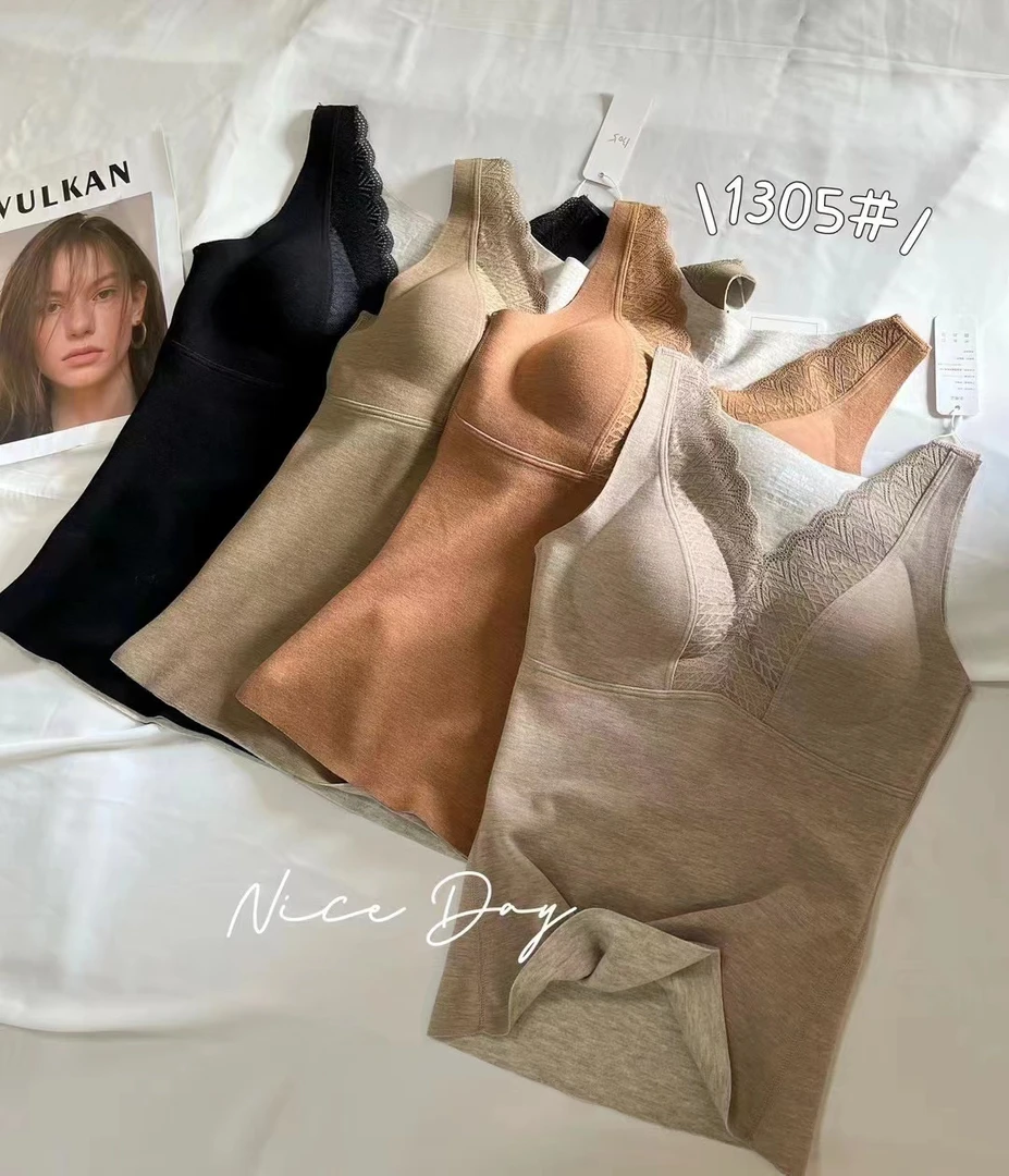 秋冬羊毛保暖背心性感V领蕾丝带胸垫内衣磨绒打底显瘦上衣