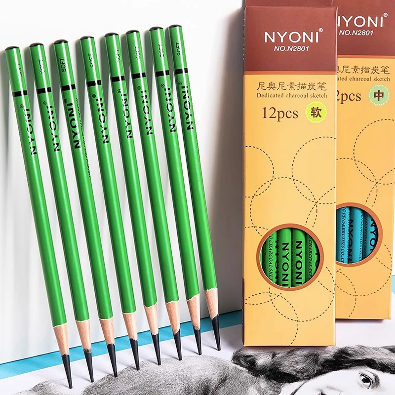 NYONI/尼奥尼素描炭笔轮廓专用软炭笔中硬碳笔绘画速写手绘浓黑