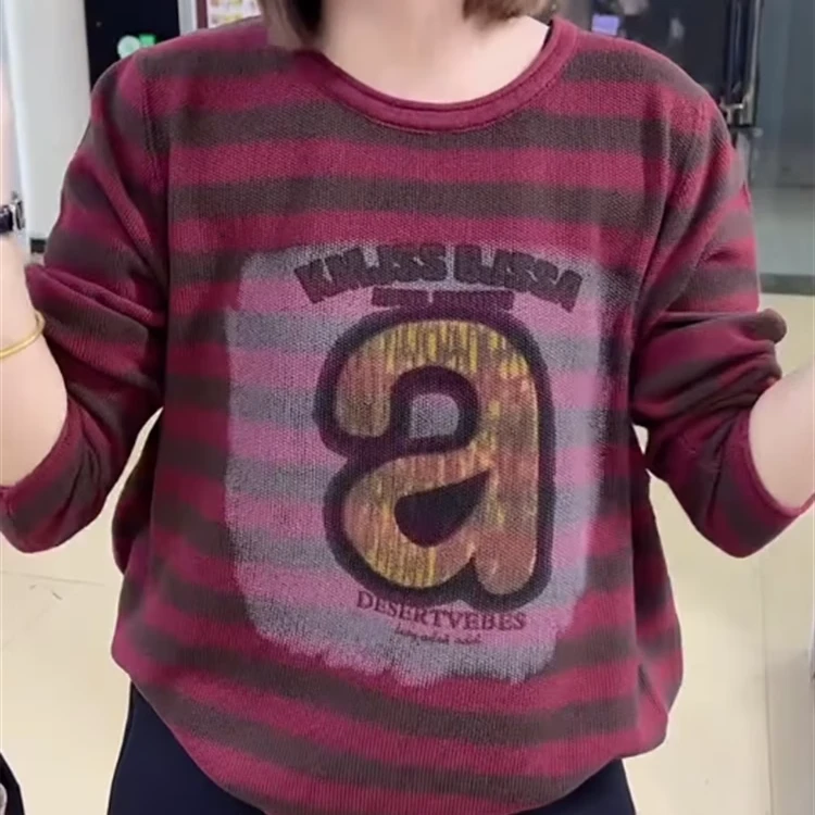 2024新款秋冬显瘦长袖A字母条纹T桖款式复古打底衫百搭气质上衣女