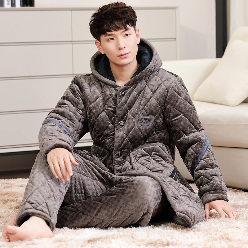冬季加绒加厚男士长款丽丝绒中国龙家居服