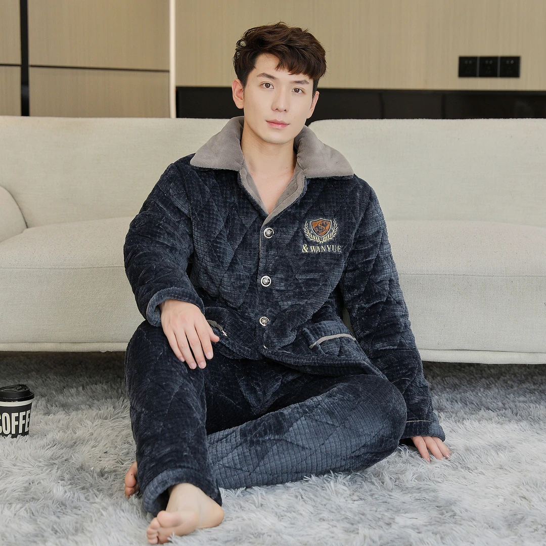 【男士加大加肥款】冬季男士夹棉加厚睡衣家居服套装保暖加绒可外穿