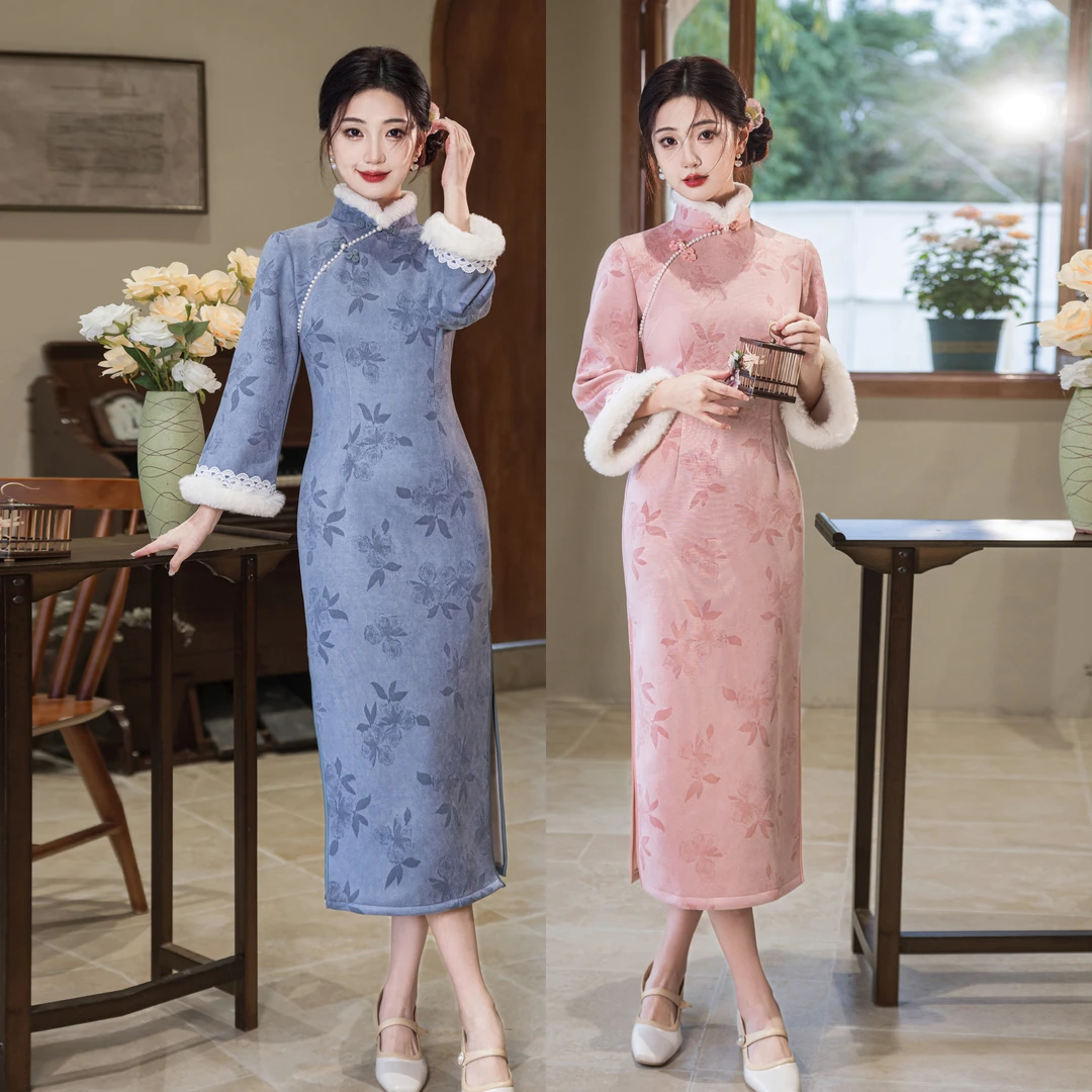 【双叶】冬季少女款粉色长袖加绒保暖新中式旗袍复古优雅显瘦日常款