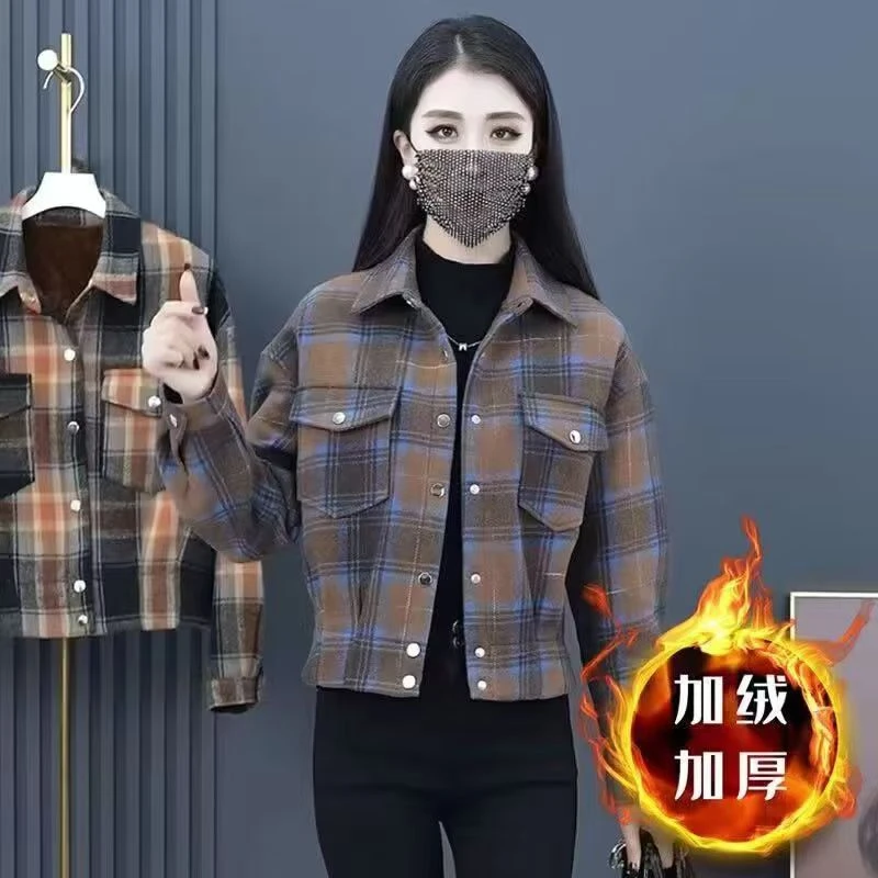 加厚加绒短款衬衫格子外套秋冬季新款宽松洋气小个子上衣