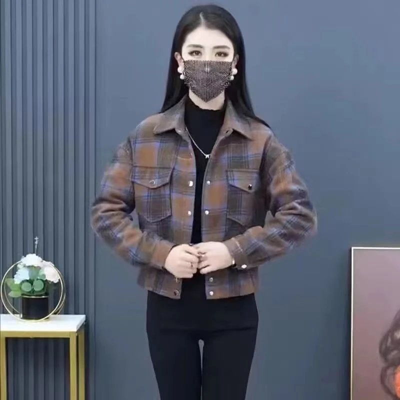 加绒加厚/薄款不加绒格子衬衣外套女秋冬新款磨毛短款女装上衣