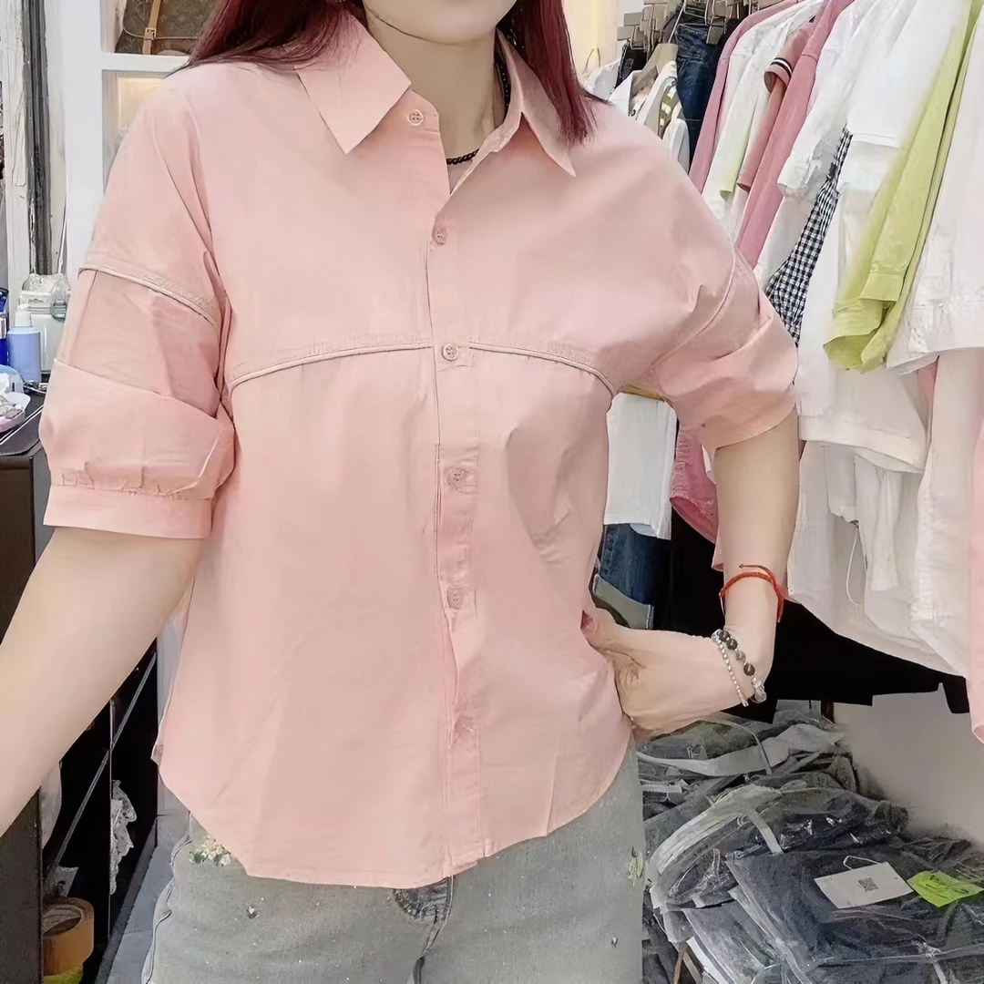 纯棉短袖时尚开衫薄款纯色衬衫女夏季新款外穿宽松显瘦中袖上衣女