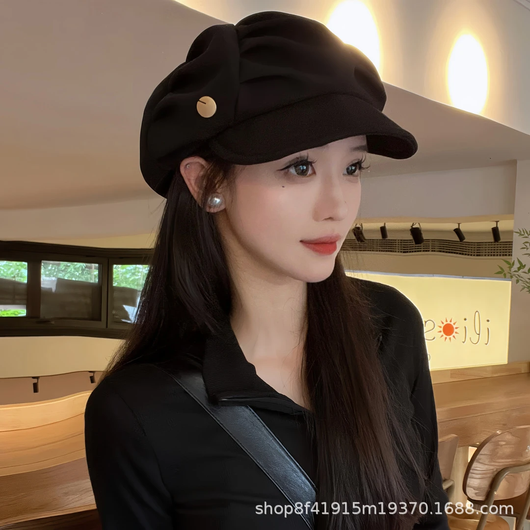 云朵帽子女日系褶皱显脸小百搭贝雷帽大头围时尚短檐气质八角帽