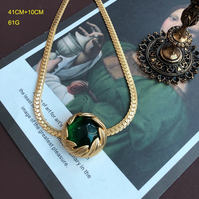 铜合金项链 项链耳钉套装中古vintage绿色铜链条熔岩果冻效果树脂