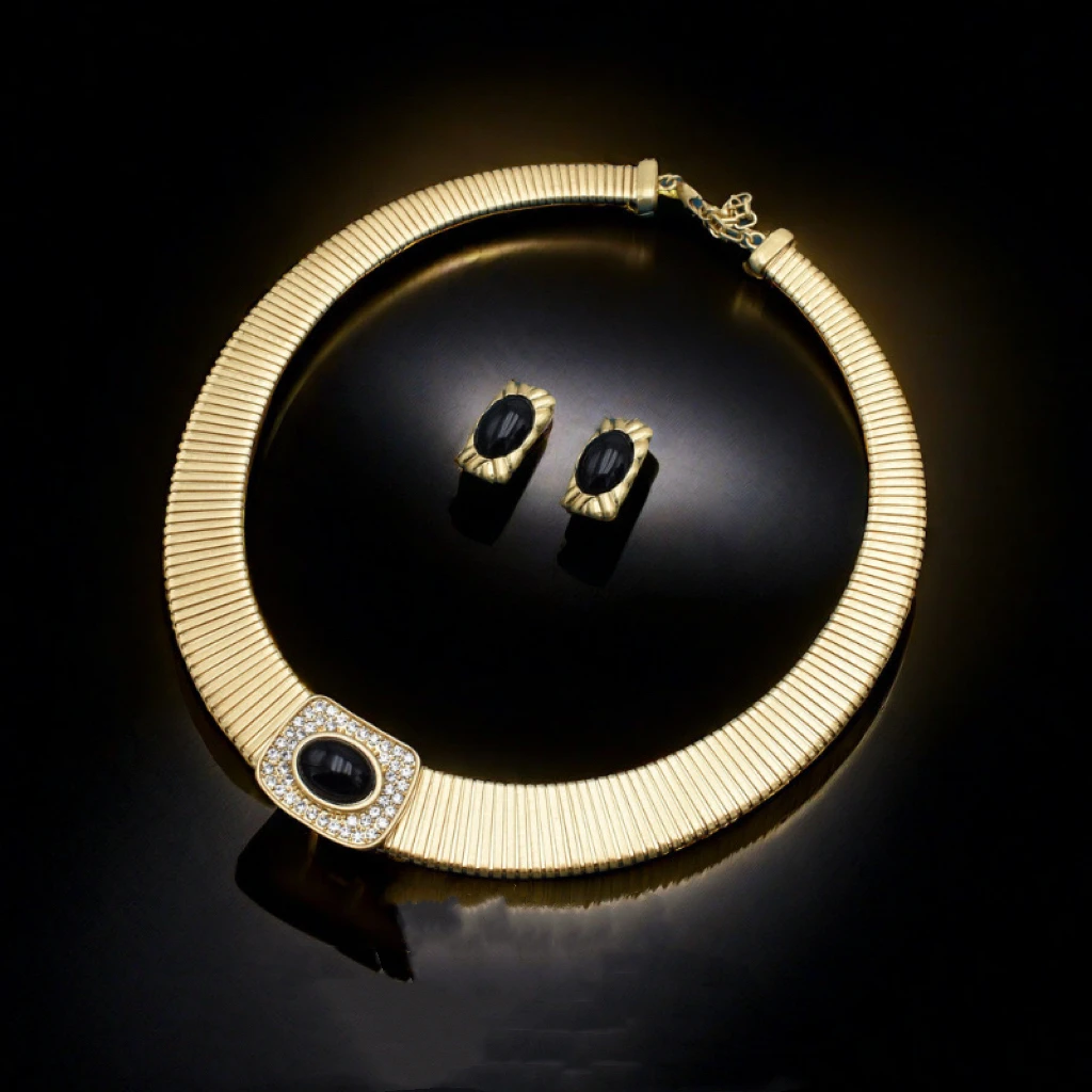 铜合金项链 项链耳钉套装中古Vintage法式复古工艺镶嵌椭圆夸张