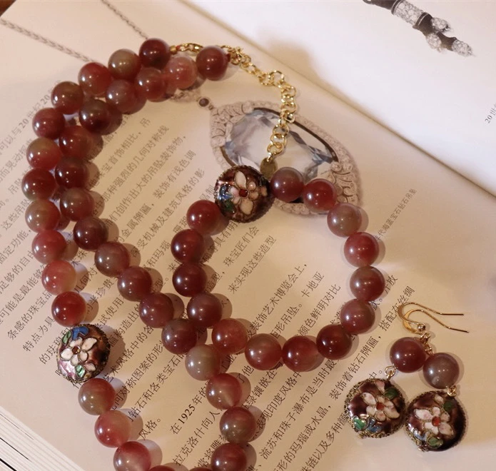 铜合金琉璃项链 三件套中古Vintage国风新中式西瓜红琉璃串珠珐琅