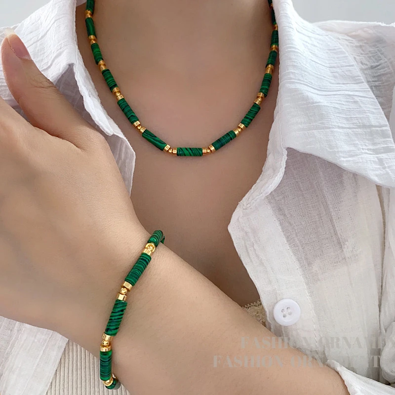 铜合金项链 复古竹节孔雀绿色串珠ins风轻奢小众高级感项链手链