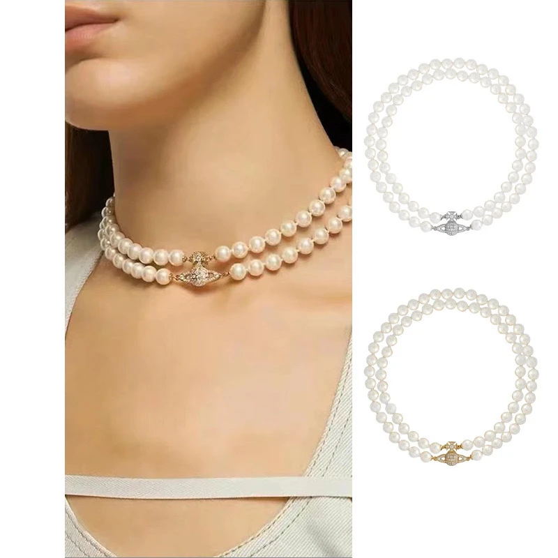 铜合金仿珍珠项链 微微安同款双层choker法式星球土星磁吸锁骨链