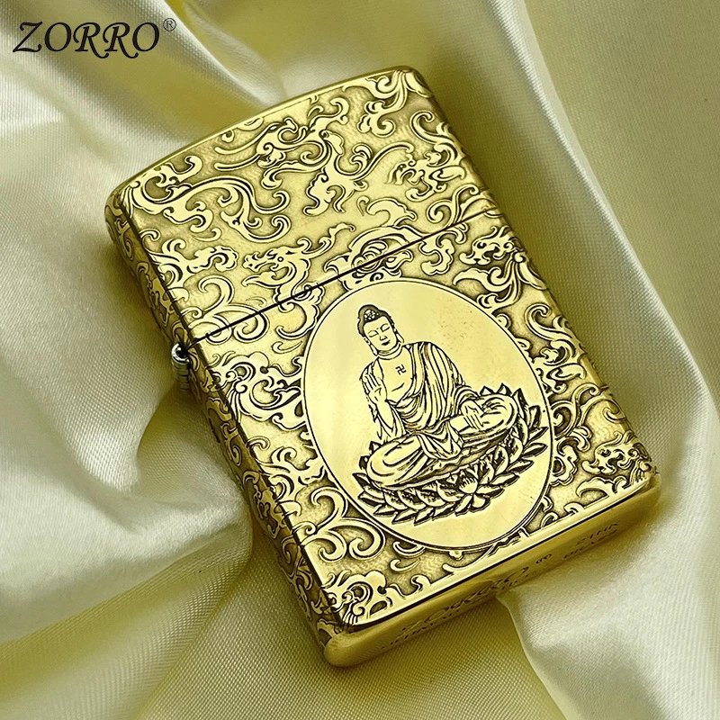 佐罗ZORRO煤油打火机官方正品祥云观音如来黄铜精雕佛祖创意原装