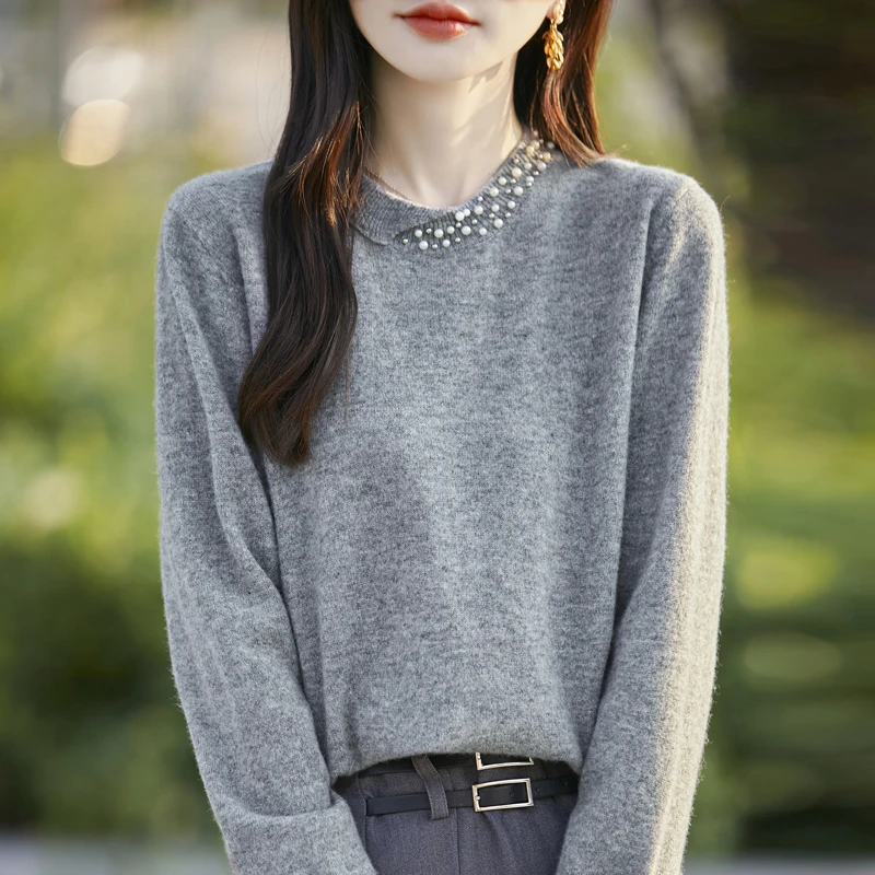 女士翻领镶珠圆领羊毛针织衫套头上衣时尚百搭546