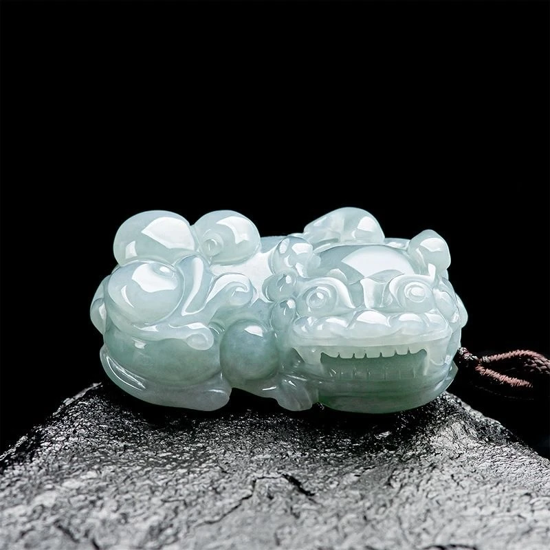 天然缅甸A货翡翠糯冰种浅蓝色霸王貔貅吊坠男女款皮丘挂件带证书