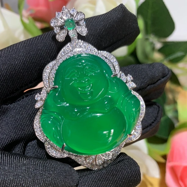 天然A货-冰透臻品珍藏镶嵌款满绿冰阳绿玉石大佛公精品吊坠【赠链】
