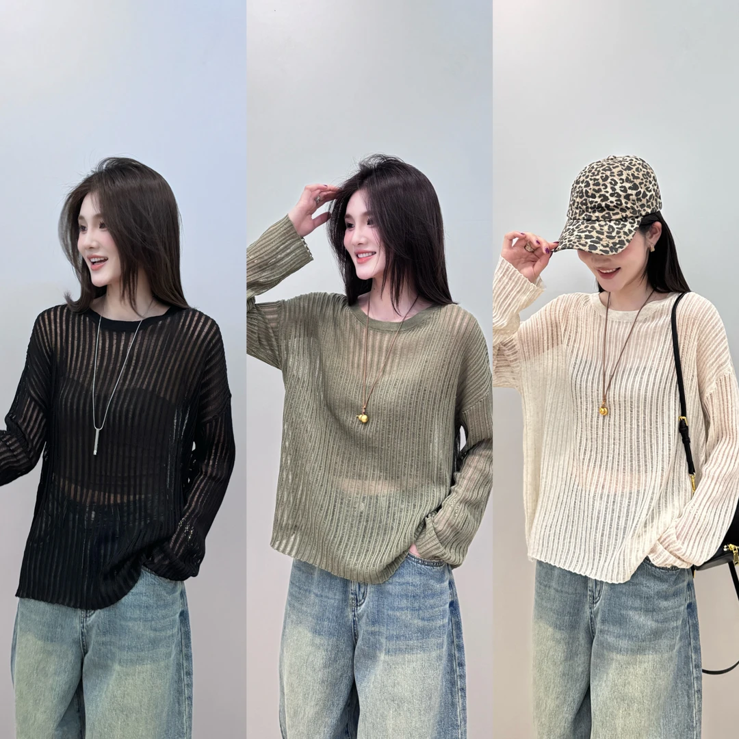 【L.P.L meng】2024简约竖条镂空长袖上衣