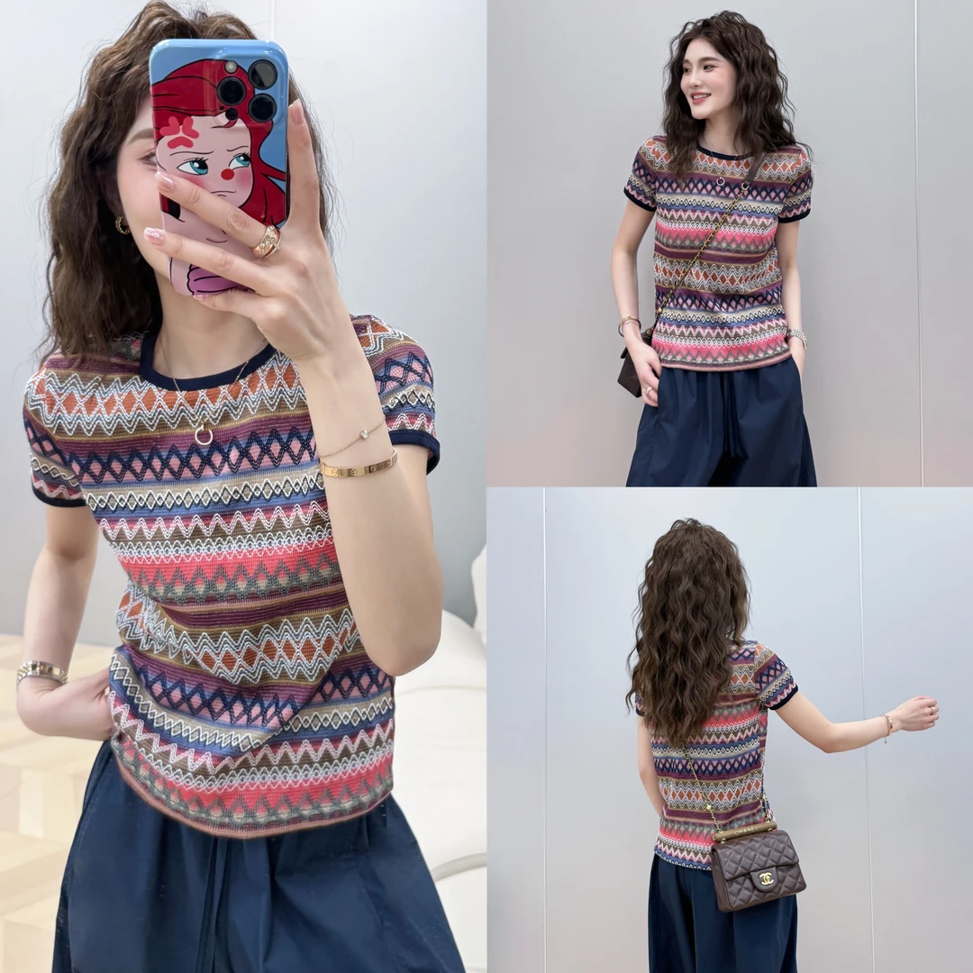 【L.P.L meng】2024新款夏款彩色条纹百搭高级复古感短袖T恤1140