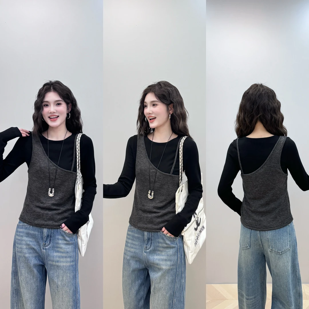 【L.P.L meng】新款设计感撞色拼接斜肩小衫T恤